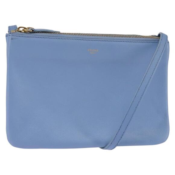 CELINE Trio Shoulder Bag Leather Light Blue Gold - Picture 1 of 13